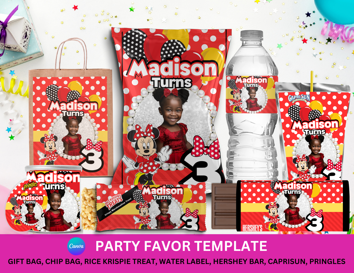 Editable Minnie Mouse Polka Dot Birthday Party Favor Template