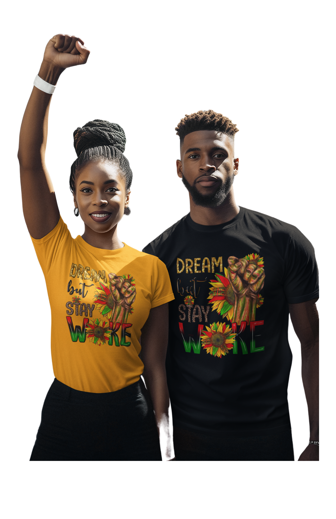 Introducing our "Dream But Stay Woke" T-Shirt - a vibrant and inspiring piece that is sure to motivate and empower you. 