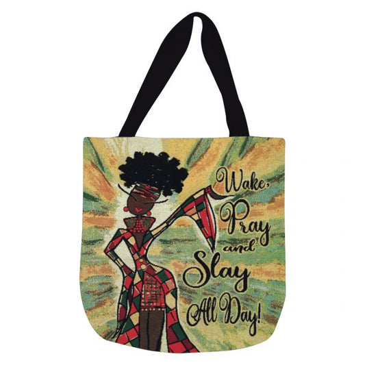 "Wake Pray And Slay All Day" Woven Tote Bag